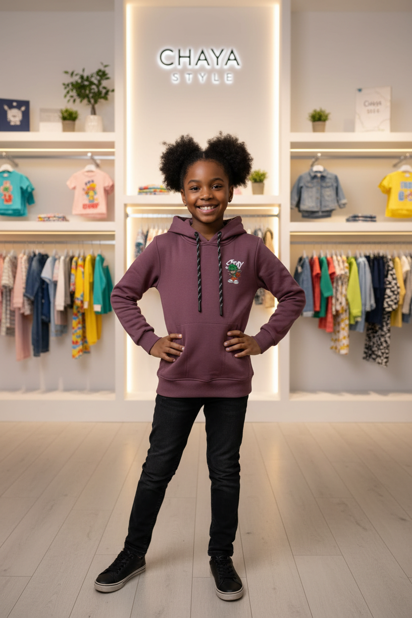 Fille afro-descendante portant le hoodie bordeaux CHAYA STYLE, pose debout, boutique chic