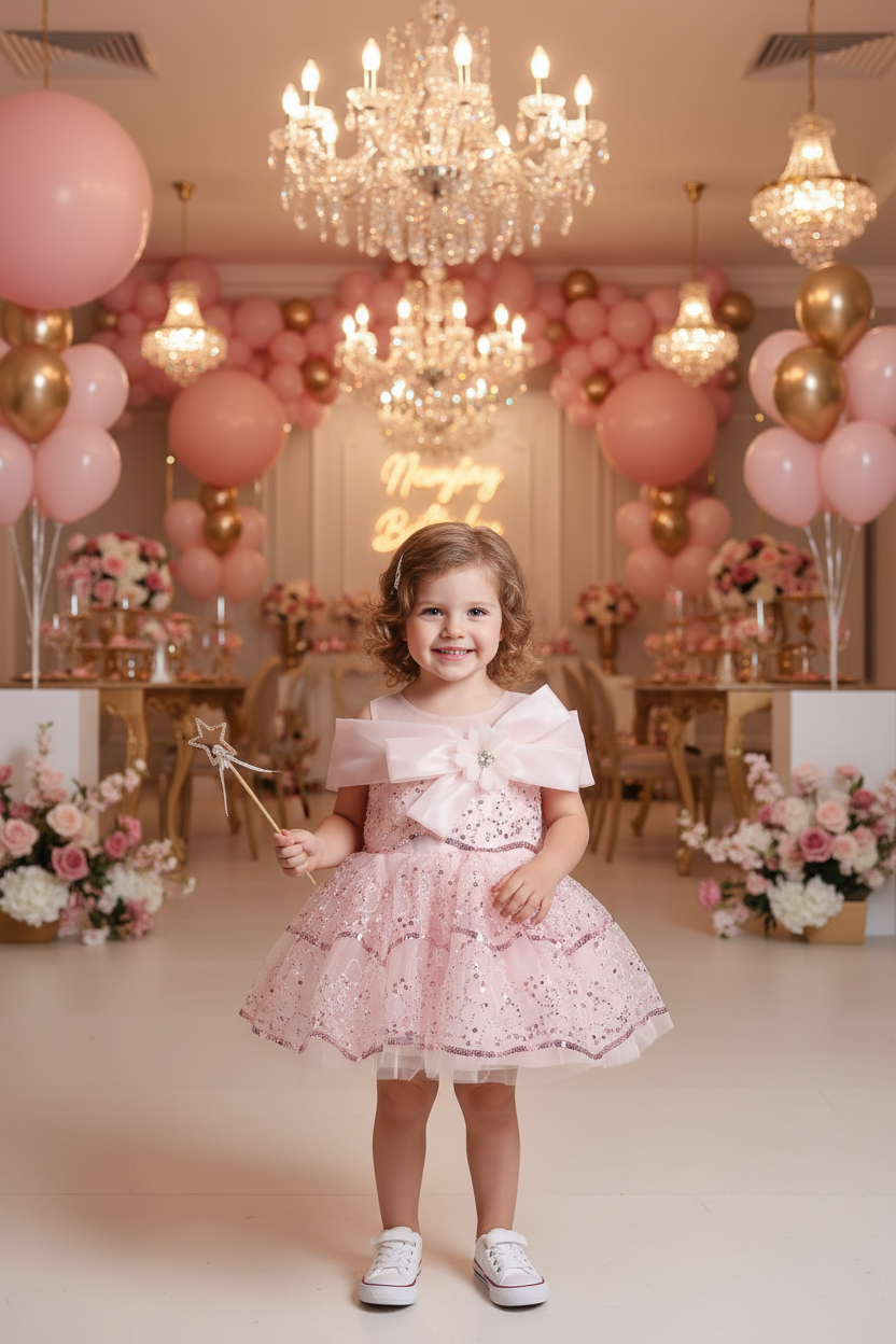 Fillette 3 ans - Debout dans salle de fête avec ballons roses et dorés