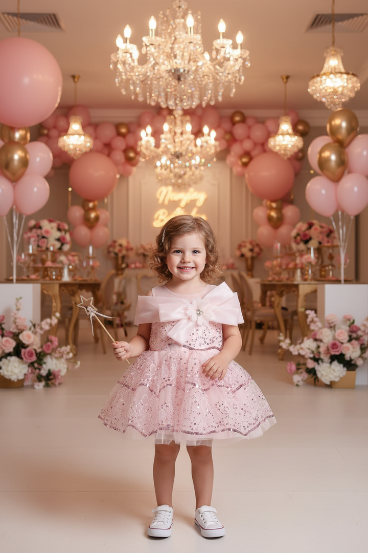 Fillette 3 ans - Debout dans salle de fête avec ballons roses et dorés