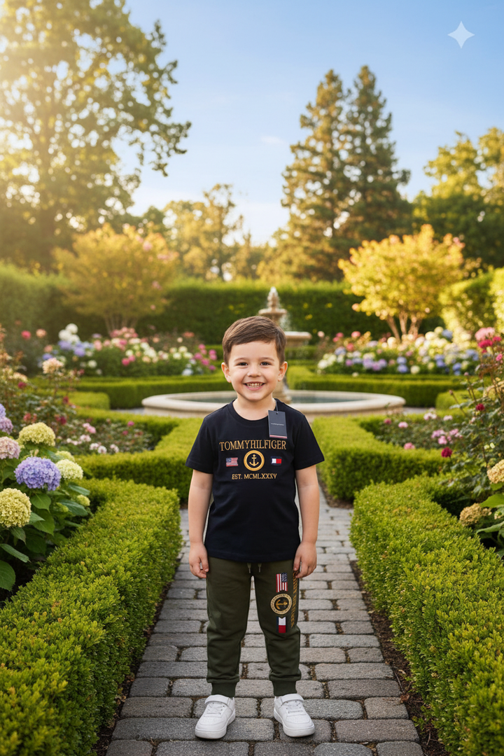 Garçon souriant en ensemble Tommy Hilfiger noir et vert kaki, ambiance lifestyle jardin chic