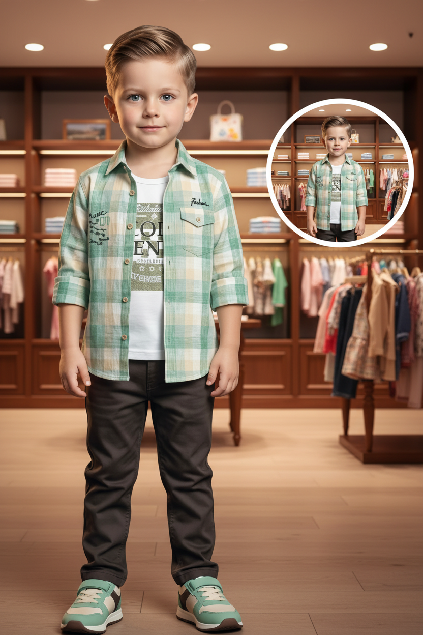 Ensemble 3 pièces garçon chemise carreaux vert menthe - pose face - CHAYA STYLE
