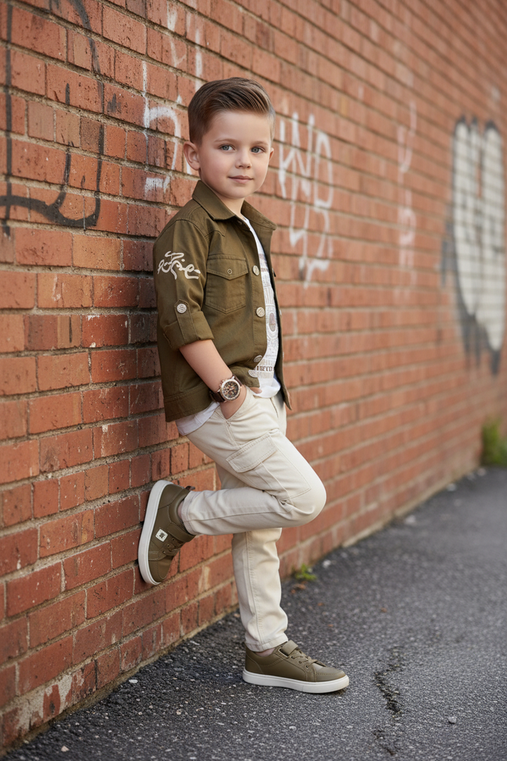 Ensemble 3 pièces garçon chemise kaki pantalon cargo beige – appuyé contre un mur – CHAYA STYLE
