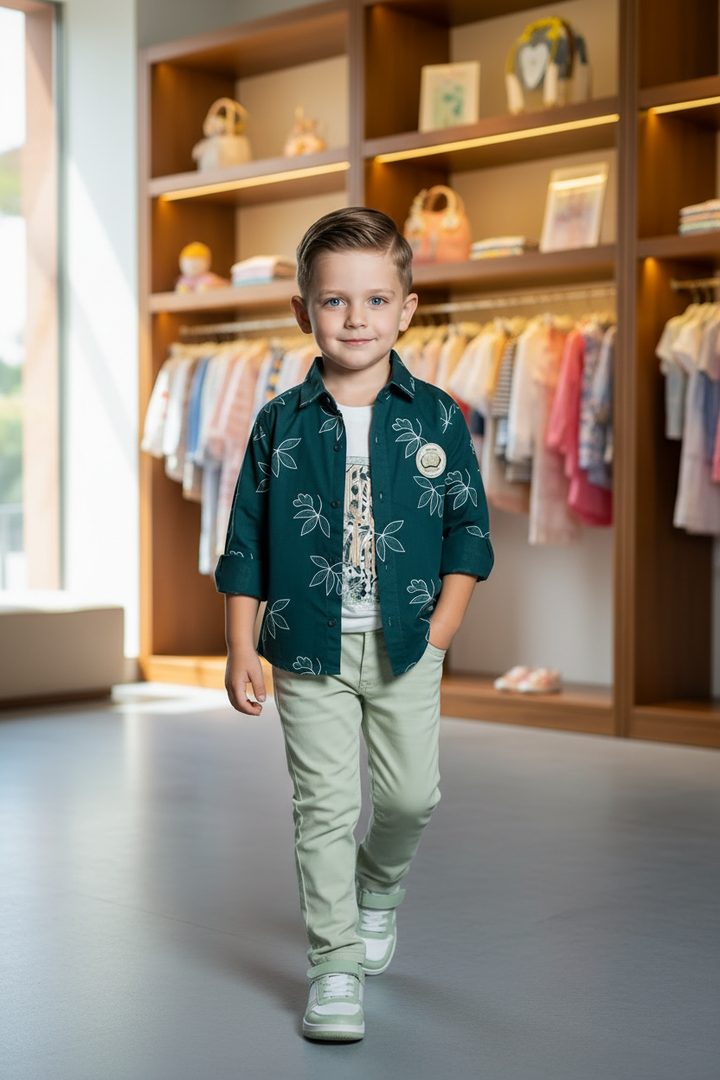 Ensemble 3 pièces garçon chemise tropicale vert forêt - pose face - CHAYA STYLE