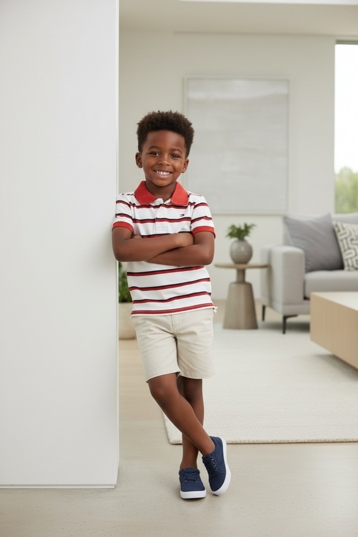 Polo Enfant Garçon – Rayures Blanc &amp; Rouge | 4–15 ans