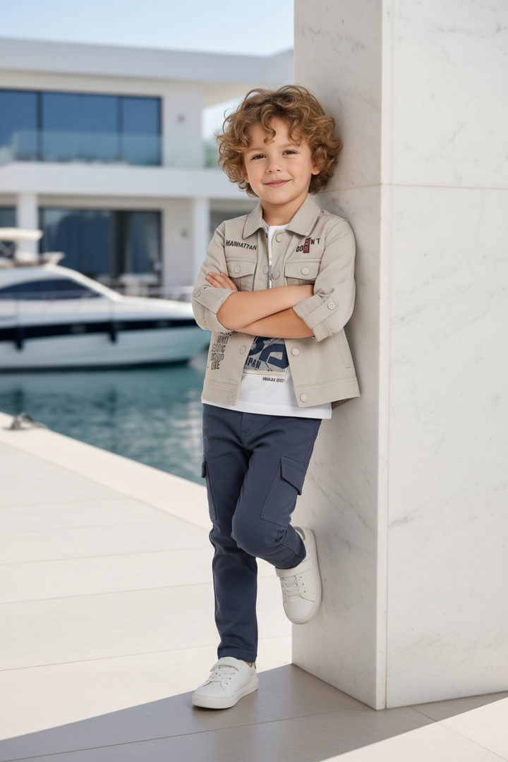 Ensemble 3 pièces Garçon – Chemise, T-shirt &amp; Pantalon Cargo Gris 