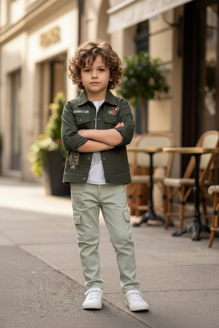 Ensemble 3 pièces Garçon – Chemise Cargo, T-shirt &amp; Pantalon | Style Urbain 1-8 ans
