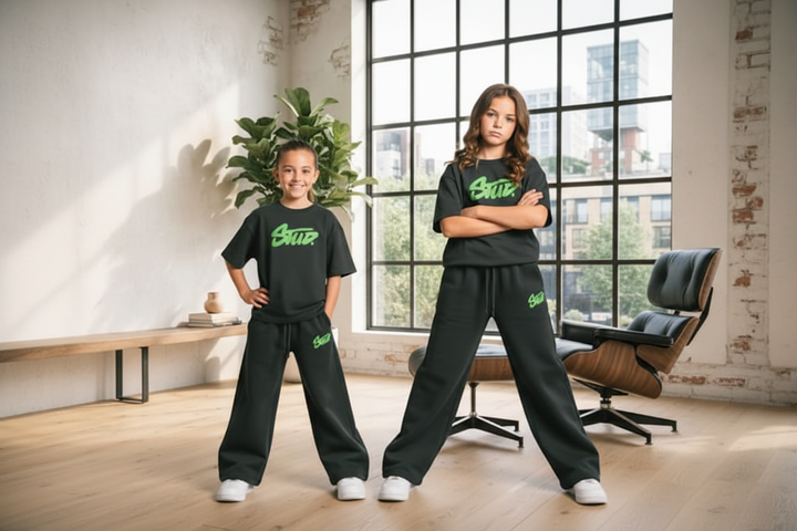 Ensemble 2 Pièces Fille – T-shirt &amp; Pantalon Large | Imprimé Star Vert | 8–13 ans